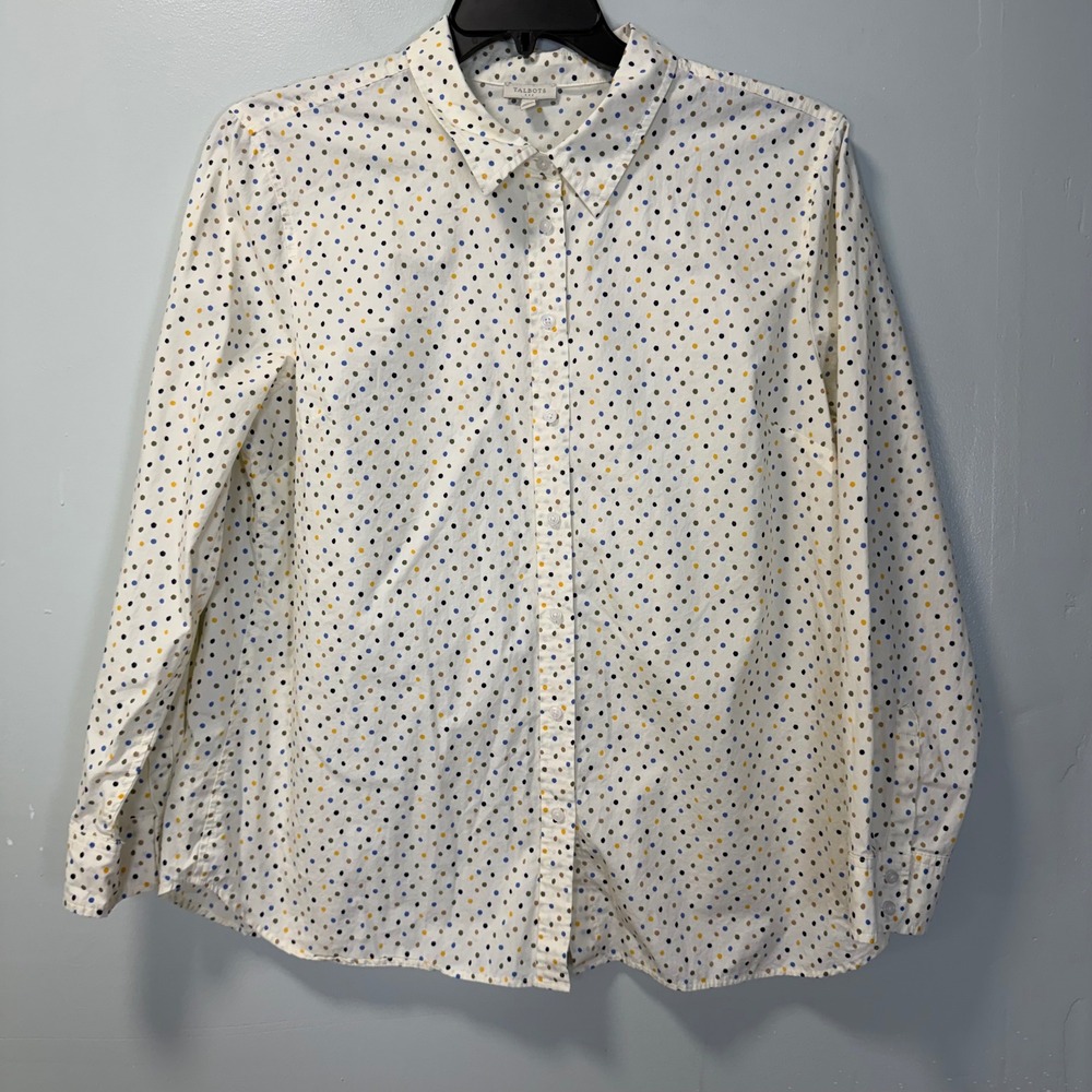 Talbots Womens XL Polka Dot Button Down Shirt White Cotton Long Sleeve